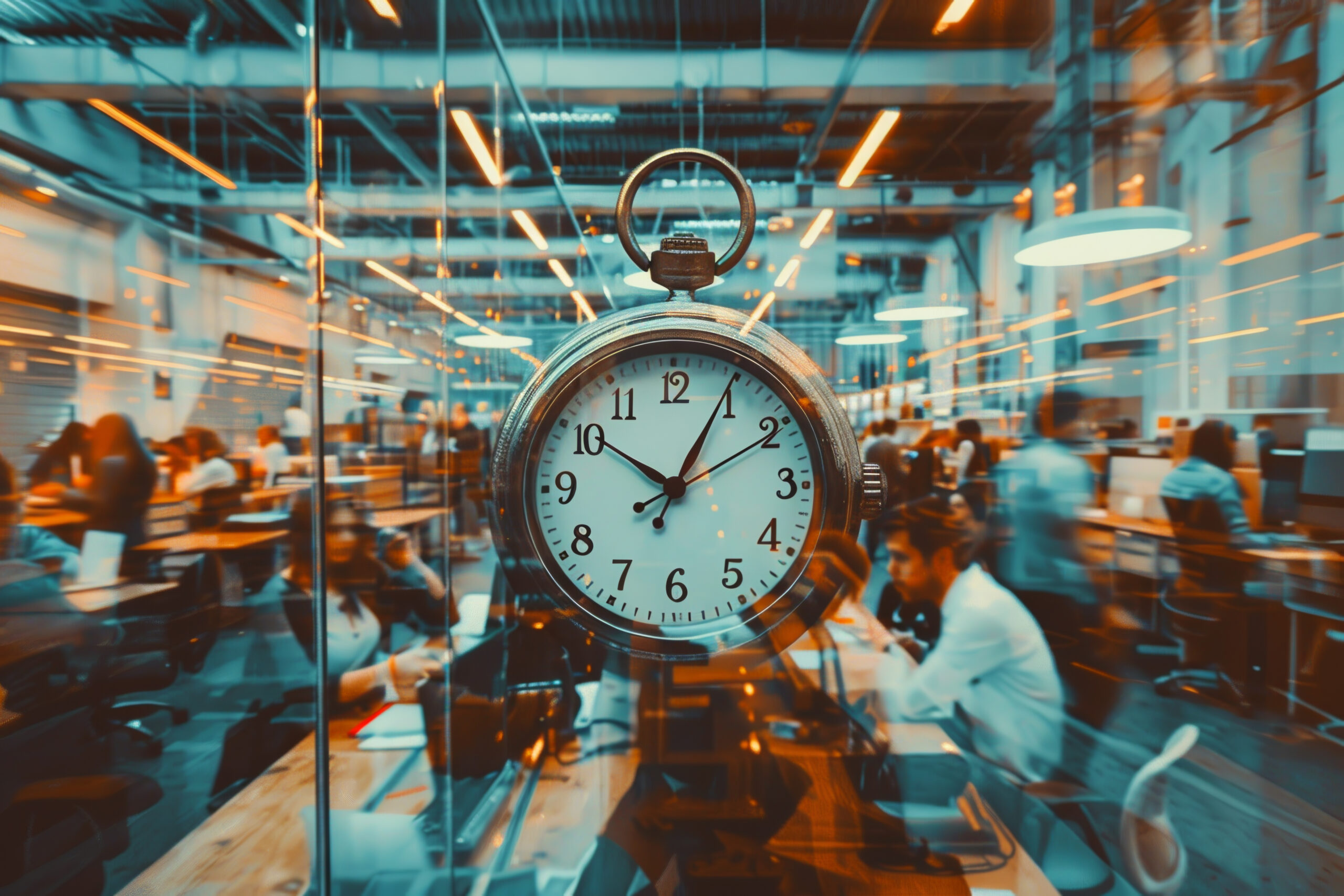 A clock is in the middle of a busy office with people working